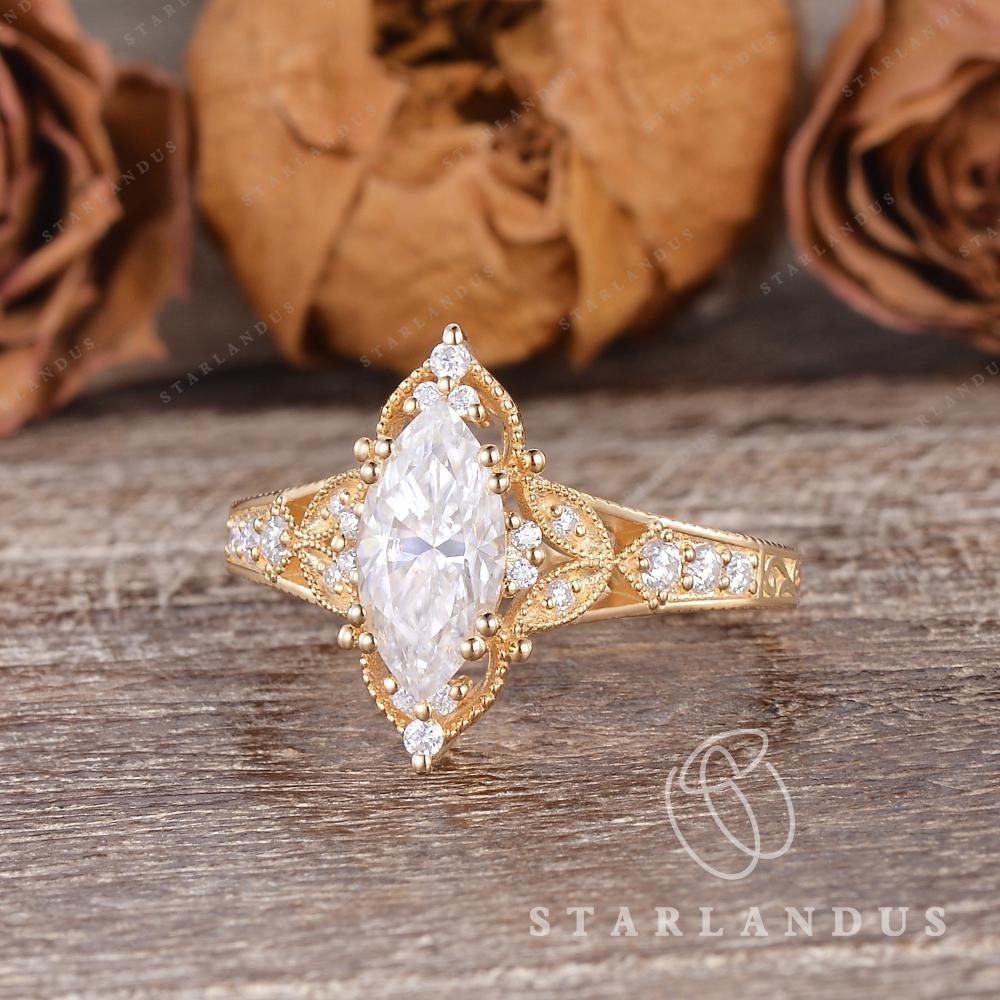 Vintage Marquise Moissanite Engagement Ring Yellow Gold Wedding Ring ...