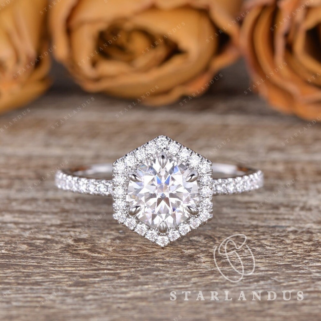 Buy 1ct Hexagon Halo Ring Engagement Ring White Gold Classic Hexagon Ring  Paved Band Simple Ring Stacking Wedding Ring Women Free Engraving Ring