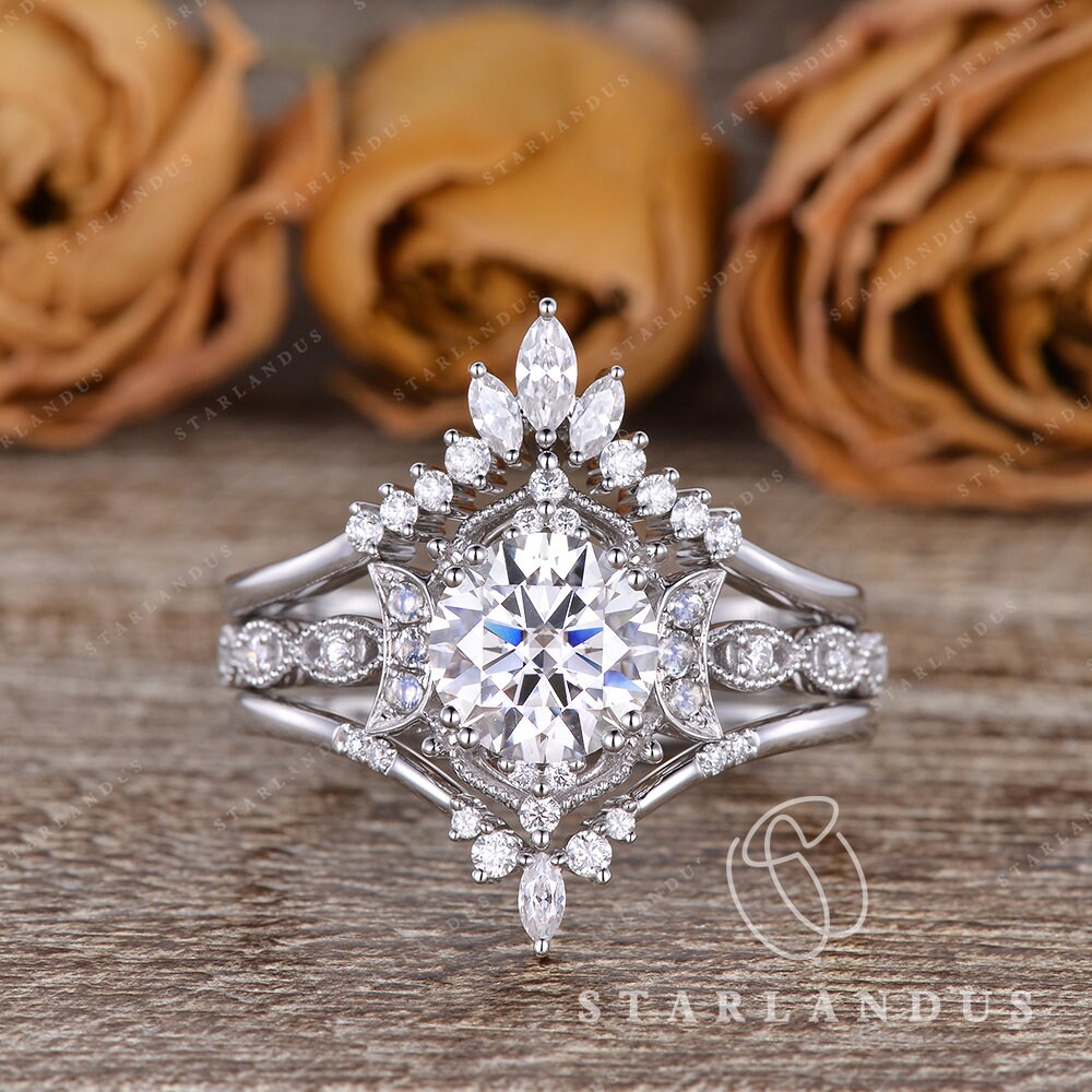 1.5ct Vintage Style Engagement Ring Set 3pcs Moissanite