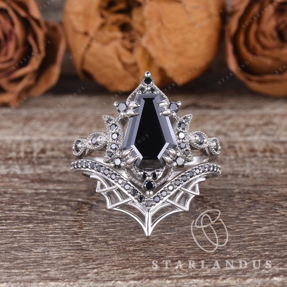Coffin Black Moissanite Engagement Ring Set White Gold Ring