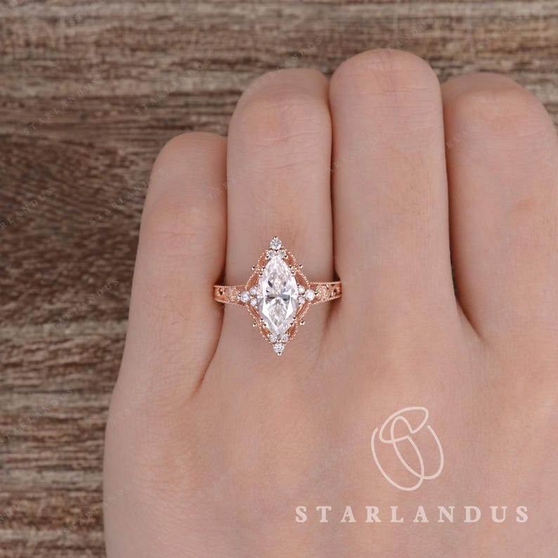 Vintage Marquise Moissanite Engagement Ring Filigree Art Deco Yellow ...