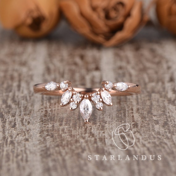 Marquise Moissanite Cluster Band Custom Curved Matching Rose Gold Wedding  Band Unique Antique Diamond Cluster Ring Guard Chevron Enhancer - Etsy