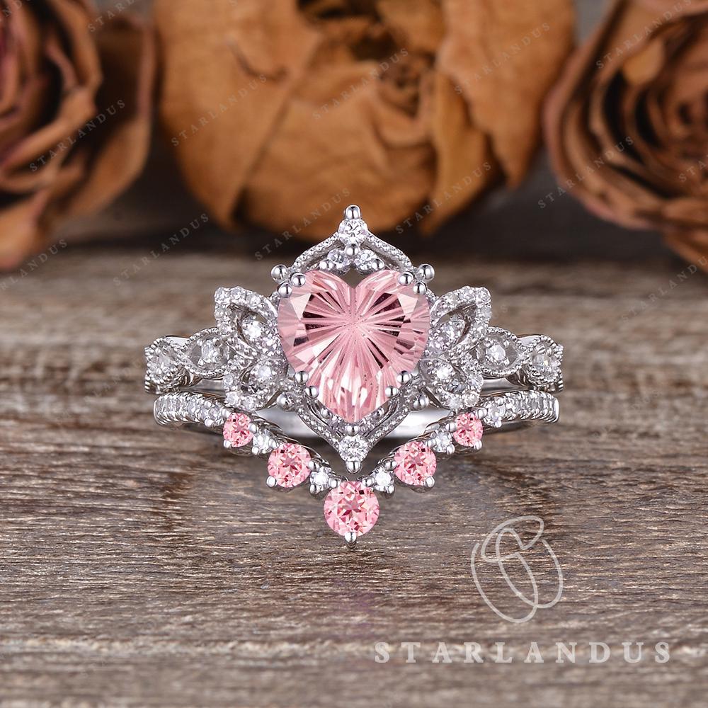 Unique Heart Shaped Pink Sapphire Engagement Ring Set White Gold