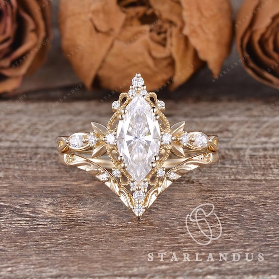 Vintage Marquise Moissanite Engagement Ring Set Yellow Gold Unique