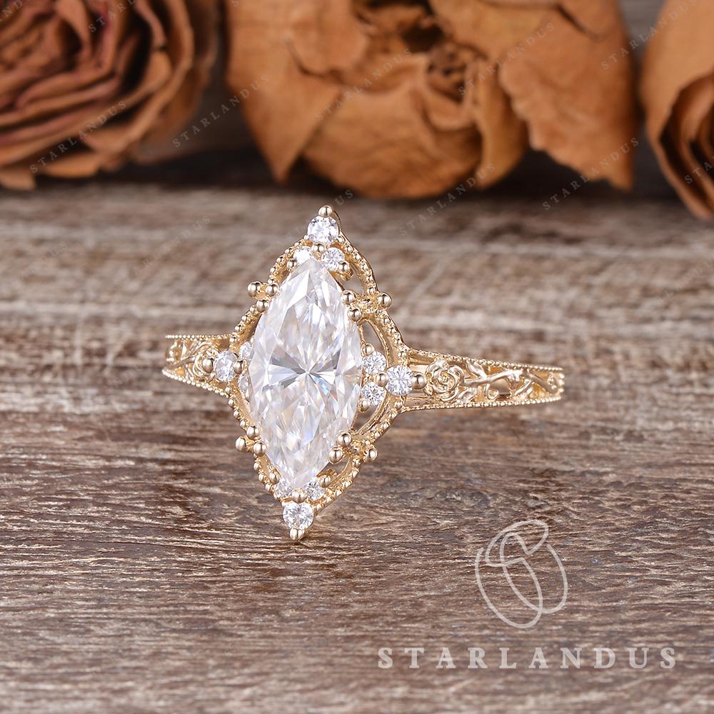 Vintage Marquise Moissanite Engagement Ring Filigree Art Deco Yellow ...
