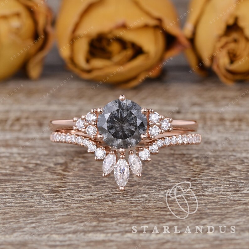 Salt and Pepper Moissanite Ring Set 2pcs 1ct Engagement Ring Etsy