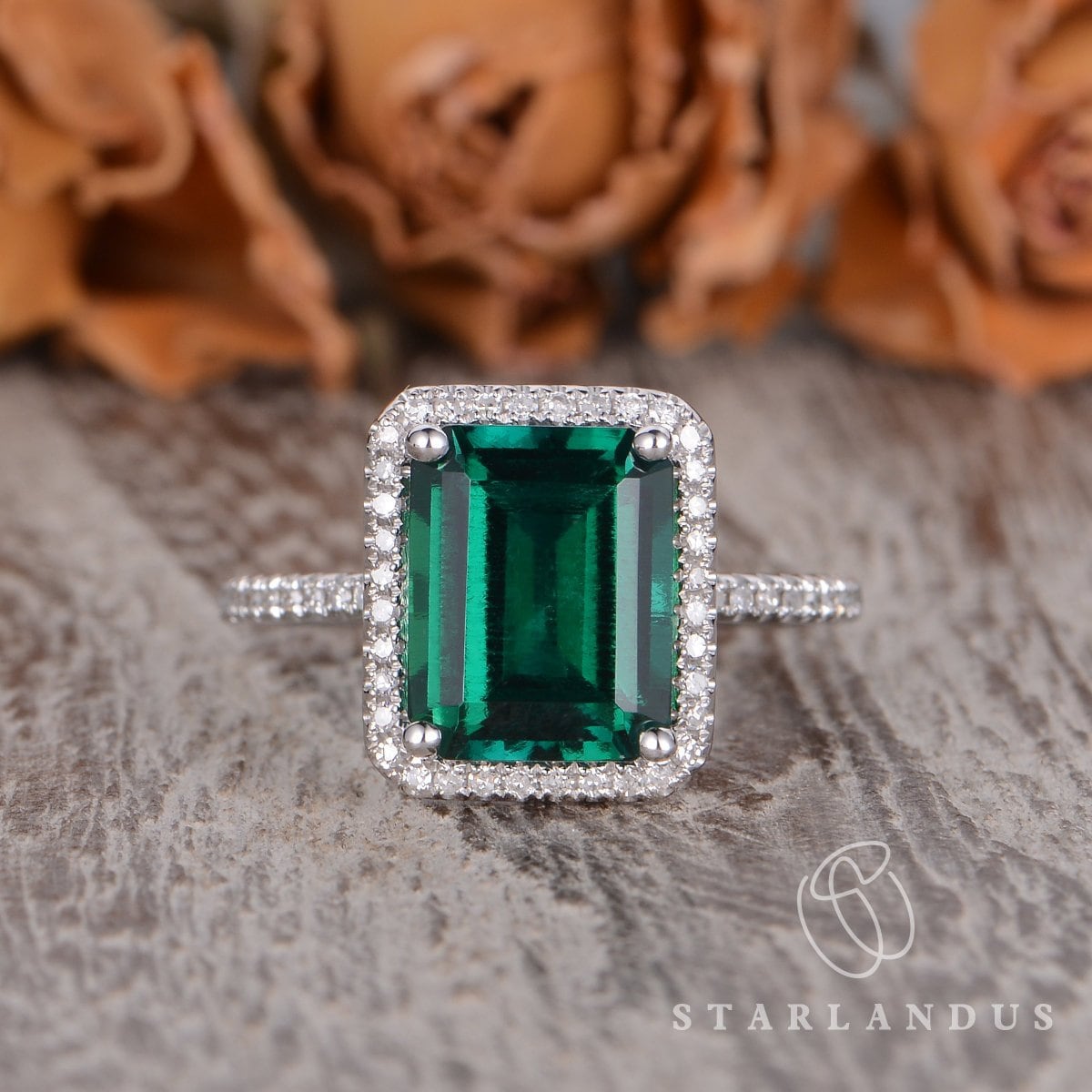 Lab Emerald Engagement Ring White Gold Wedding Ring Emerald Etsy