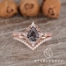 Pear Shaped Black Rutilated Quartz Engagement Ring 2pcs Rose Gold Engagement Ring Antique Stacking Set Chevron Paved Ring Vine Flower Halo 