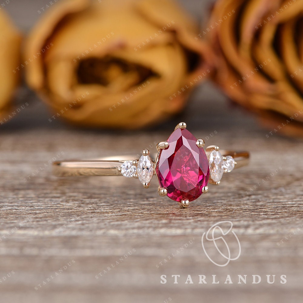 Pear Shaped Ruby Engagement Ring with Diamond Halo and Split Shank, Diamond Ruby  Ring, Bridal Ring, July Birthstone Ring