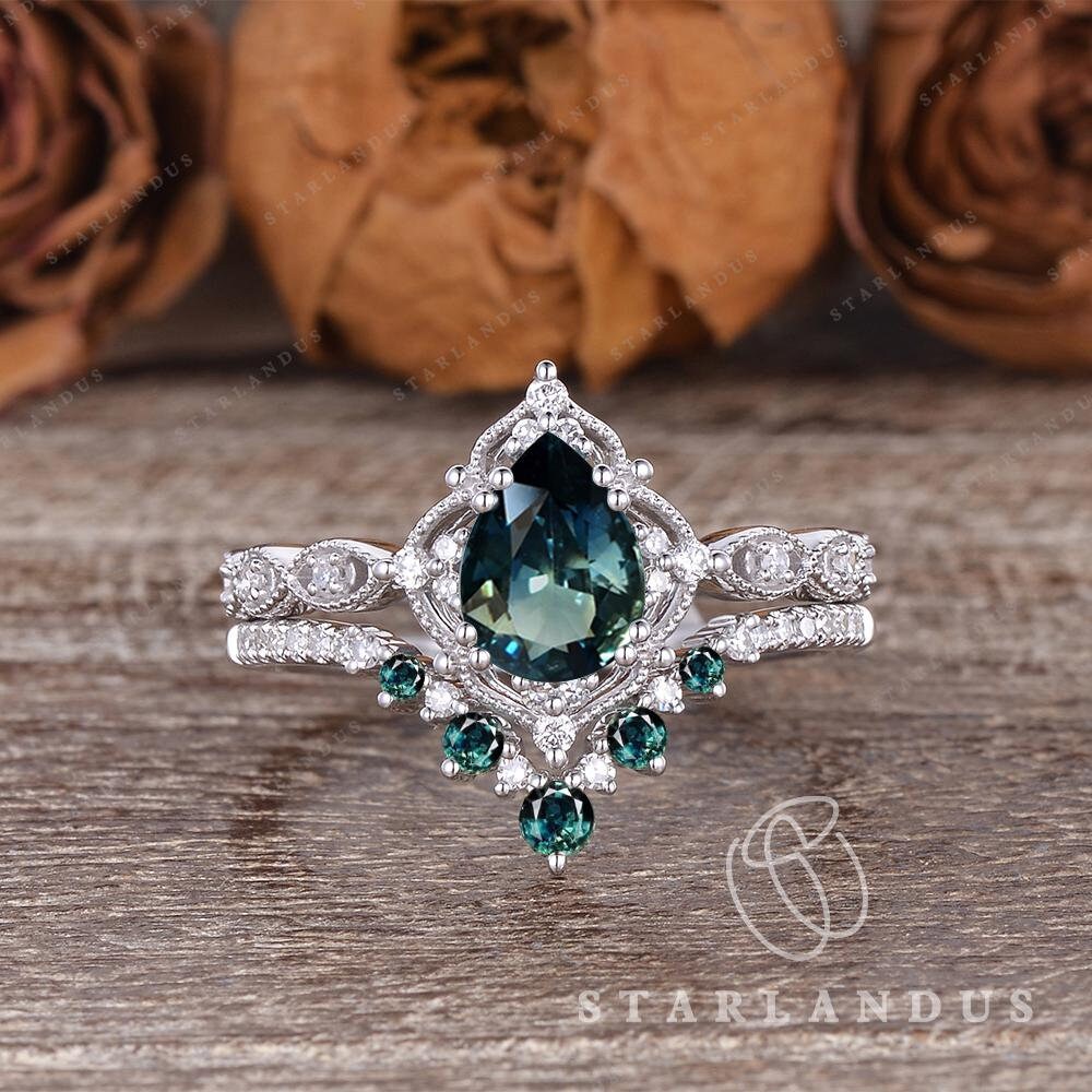 Natural Teal Sapphire Engagement Ring Set White Gold Ring Vintage Floral Bridal Set Pear Shaped Green Sapphire Wedding Ring Set Filigree