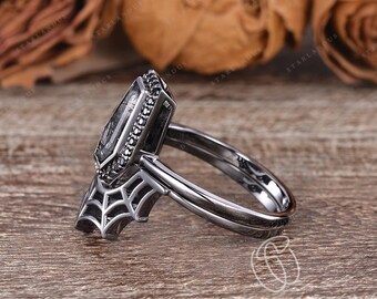 Gothic Coffin Cut Ring Black Rutilated Quartz Engagement Ring Set