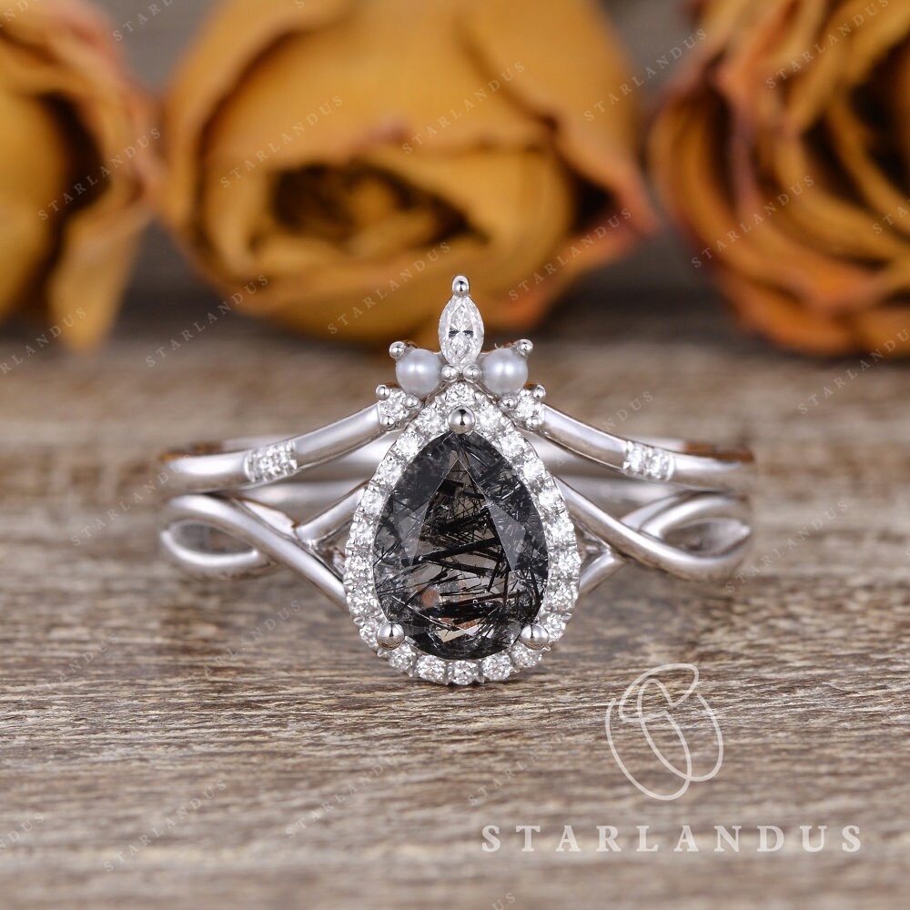 Salt and Pepper Quartz Ring 1ct Pear Black Rutilated Quartz Etsy