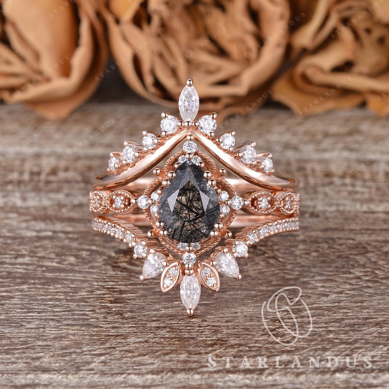 Vintage Salt and Pepper Crystal Bridal Set Pear Black Rutilated Quartz Engagement Ring Set Rose Gold Moissanite Ring Set Enhancer Ring image 2