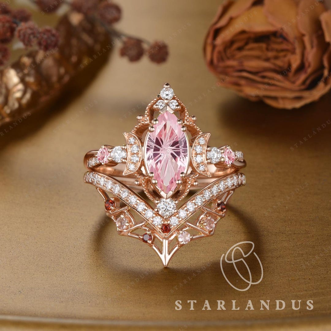 Unique Moon Rings Vintage Marquise Cut Pink Sapphire Engagement Ring Set Unique Moon Web ...