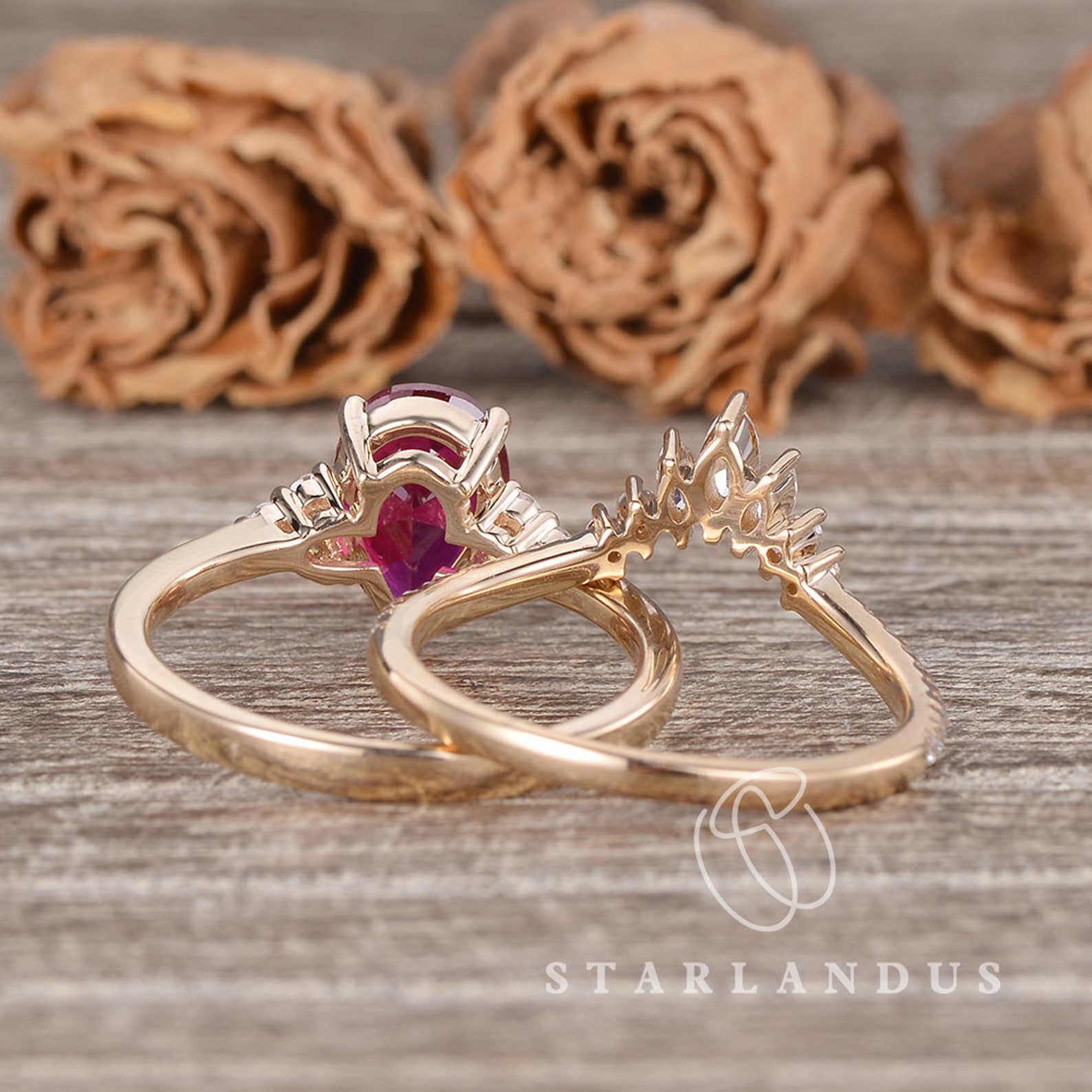 1.5ct Pear Shaped Lab Ruby Bridal Set 2pcs Cluster Gold Marquise ...