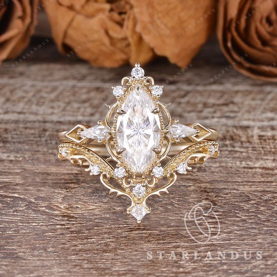 Vintage Moissanite Engagement Ring Set Marquise Cut Ring Yellow Gold Unique Filigree Vine Wedding Ring Set Bridal Set Women Anniversary Ring