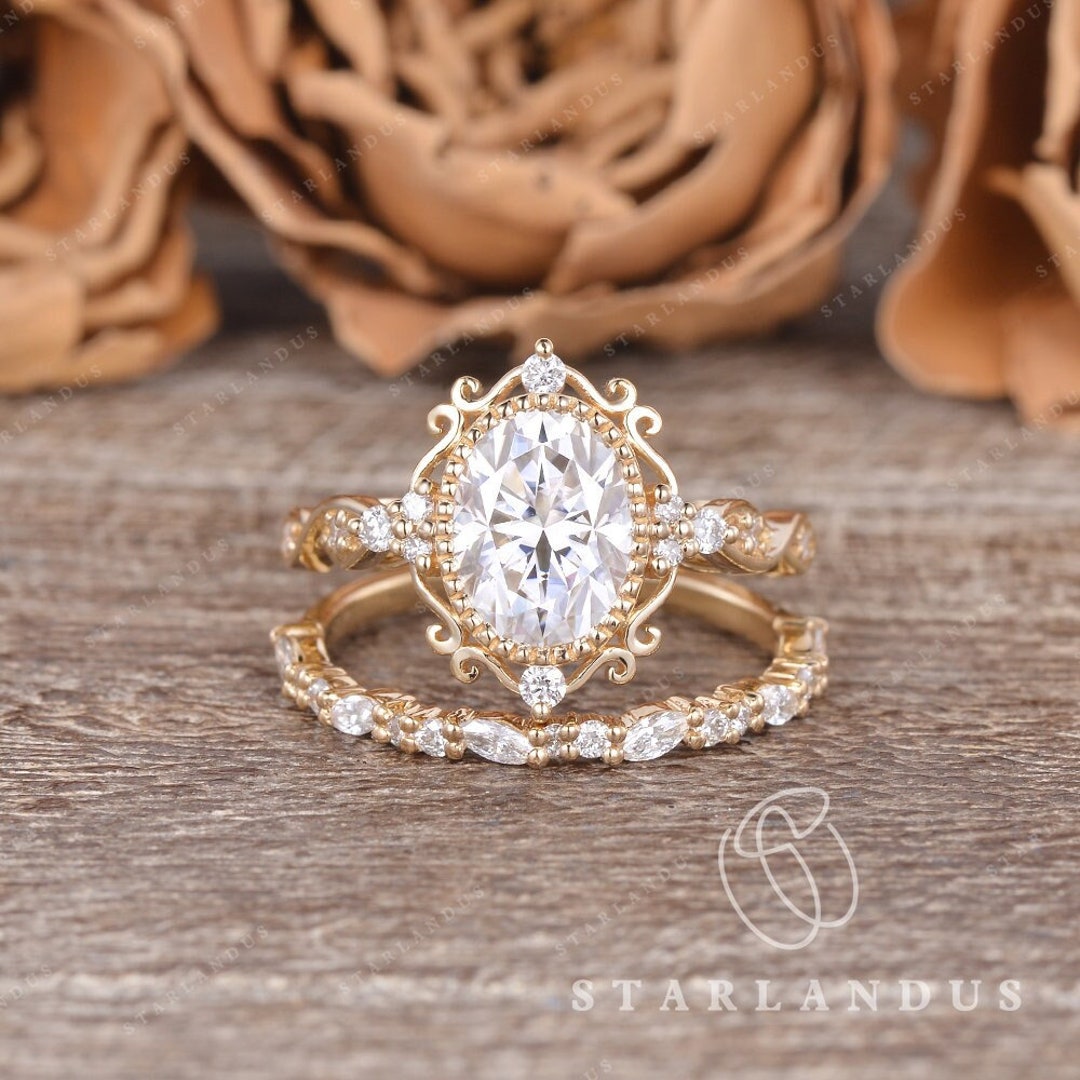 Vintage Oval Moissanite Engagement Ring Set Yellow Gold Moissanite ...