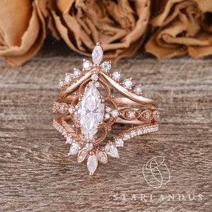 Unique Marquise Shape Moissanite Engagement Ring Set Rose Gold Moissanite Cluster Wedding Ring Cage Ring Vintage Bridal Set Rings For Women immagine 4