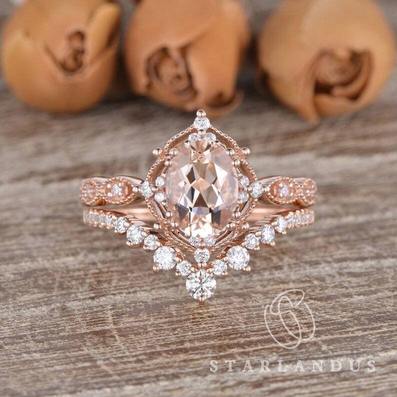 Natural Oval Morganite Engagement Ring Unique Rose Gold Bridal - Etsy