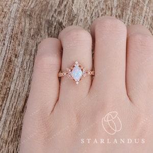 Art Deco Lab White Opal Moonstone Engagement Ring Milgrain Halo Pear Shaped Engagement Ring Antique Wedding Ring Moonstone Moon Crescent image 9