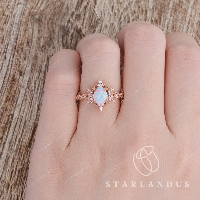 Art Deco Lab White Opal Moonstone Engagement Ring Milgrain Halo Pear Shaped Engagement Ring Antique Wedding Ring Moonstone Moon Crescent image 9