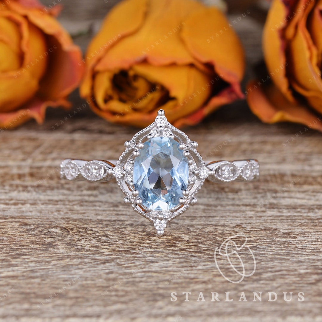 Natural Aquamarine Engagement Ring White Gold Art Deco Engagement Ring Antique Oval Flower Halo