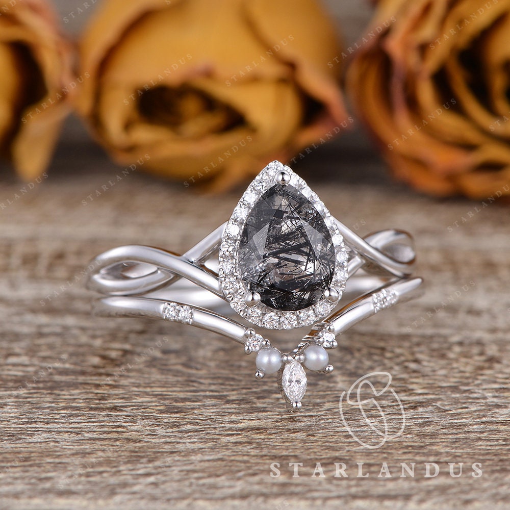 Salt and Pepper Quartz Ring 1ct Pear Black Rutilated Quartz Etsy