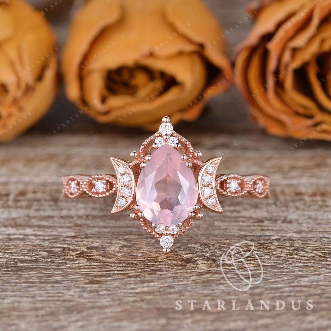 Crystal Ring Pear Rose Quartz Engagement Ring Vintage Inspired