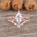 Unique Rose Gold Bridal Set 1.5ct Moissanite Engagement Ring Art Deco Ring Milgrain Vine Vintage Oval Moissanite Ring Set Antique 2pcs