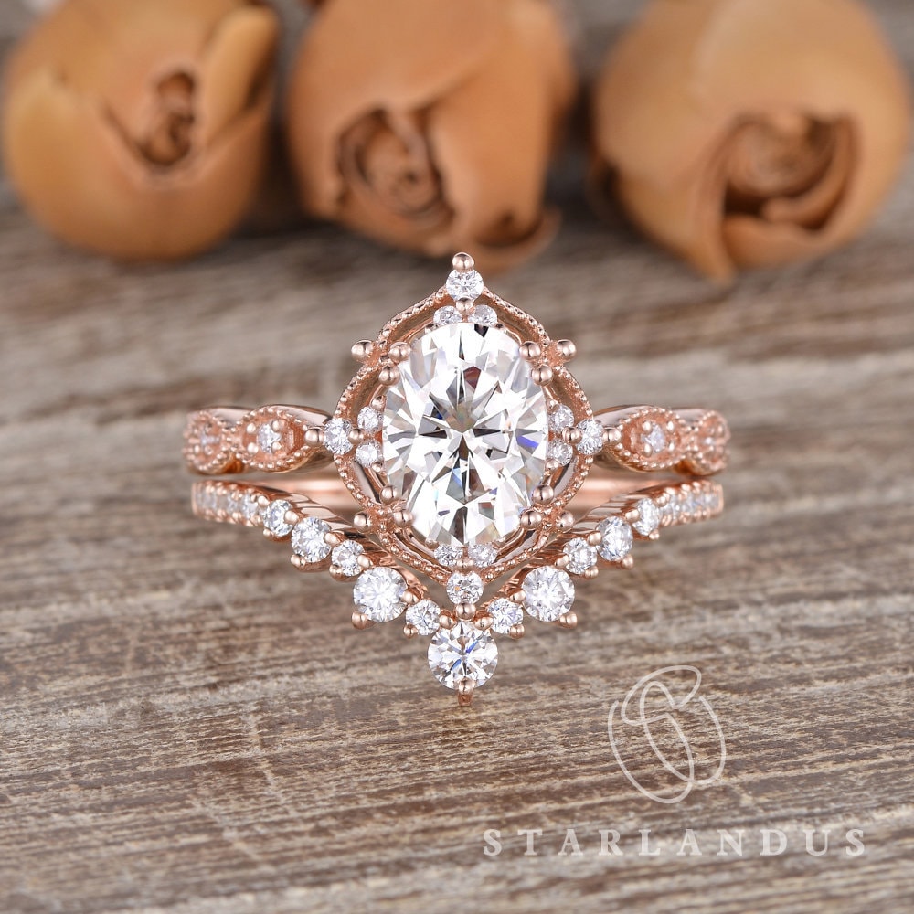 1.5ct Oval Moissanite Boho Ring Set 2pcs Vintage Style