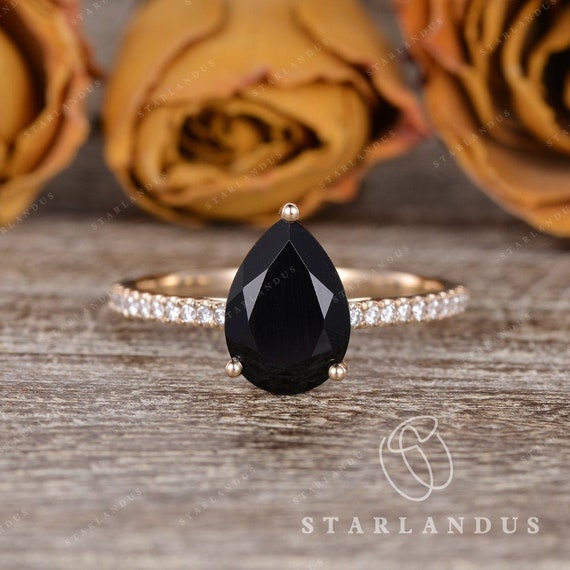 1.5ct Pear Shaped Black Onyx Engagement Ring Yellow Gold Wedding Ring Black Gemstone Ring Solitaire Wedding Minimalist Stacking Cathedral Etsy Mexico