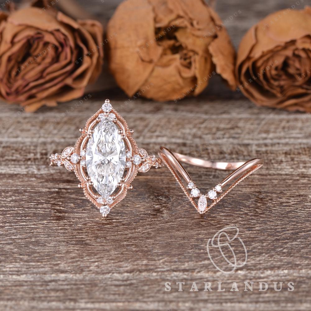 2ct Marquise Cut Lab Grown Diamond Engagement Ring Set Rose Gold ...