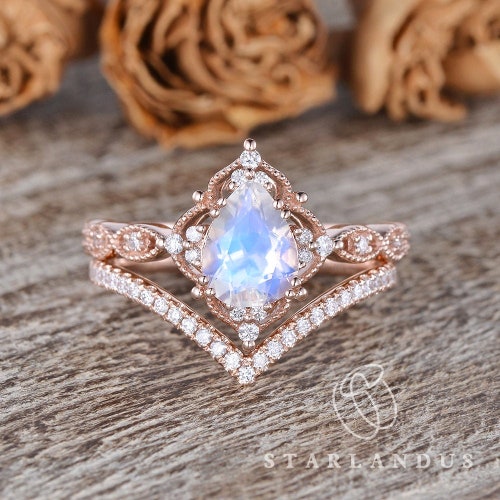 Unique Pear Moonstone Wedding Ring Sets Vintage 14K Rose Gold Etsy