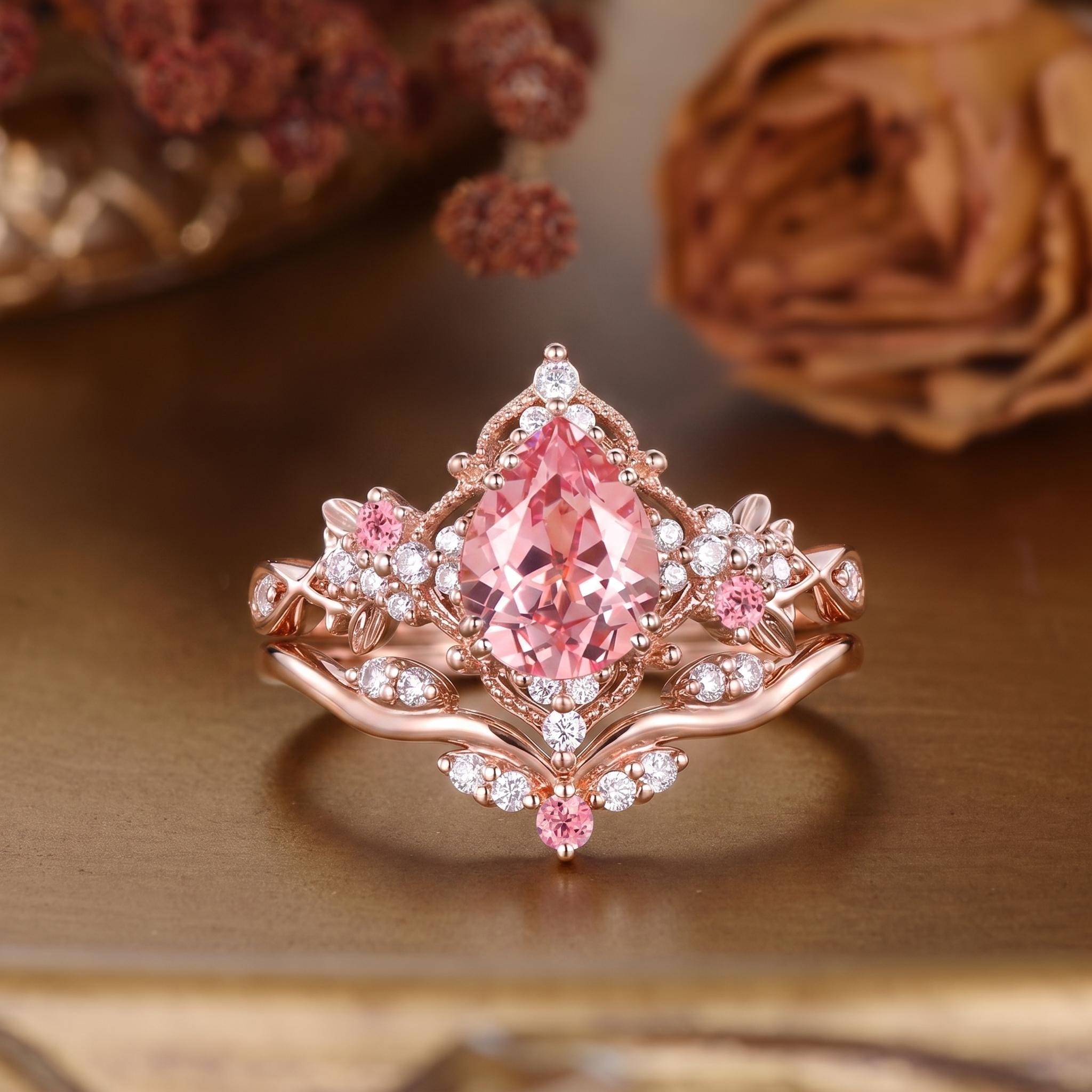 Nature Inspired Pink Sapphire Floral Engagement Ring Set Rose Gold