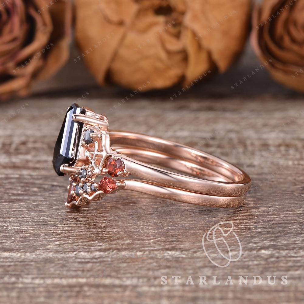 Spider Web Coffin Cut Black Onyx Gothic Engagement Ring Set Unique