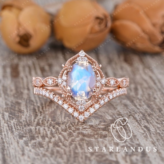 Unique Moonstone Engagement Ring Rose Gold Bridal Set Antique Art Deco Oval Moonstone Ring Faceted Moonstone Ring Milgrain Vine Vintage 2pcs Etsy