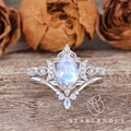Unique Moonstone Engagement Ring Pear Shaped Bridal Set 2pcs Unique Vine Half Moon Floral Ring Rose Gold Wedding Ring Marquise Moonstone