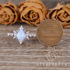 Art Deco Lab White Opal Moonstone Engagement Ring Milgrain Halo Pear Shaped Engagement Ring Antique Wedding Ring Moonstone Moon Crescent image 5