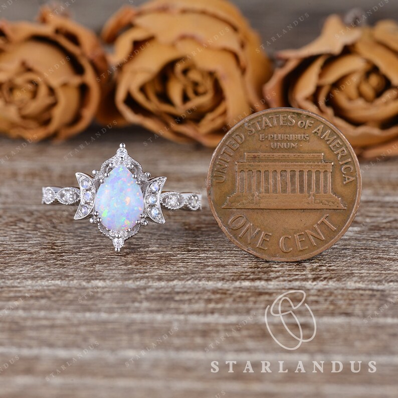 Art Deco Lab White Opal Moonstone Engagement Ring Milgrain Halo Pear Shaped Engagement Ring Antique Wedding Ring Moonstone Moon Crescent image 5