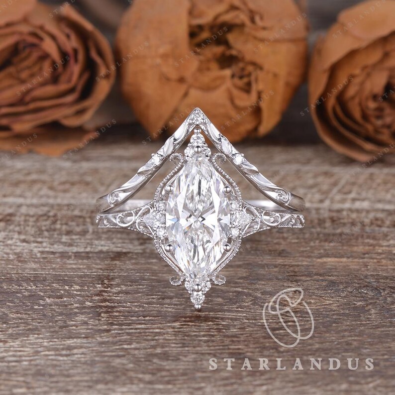 2ct Marquise Cut Lab Grown Diamond Engagement Ring Set White Gold ...