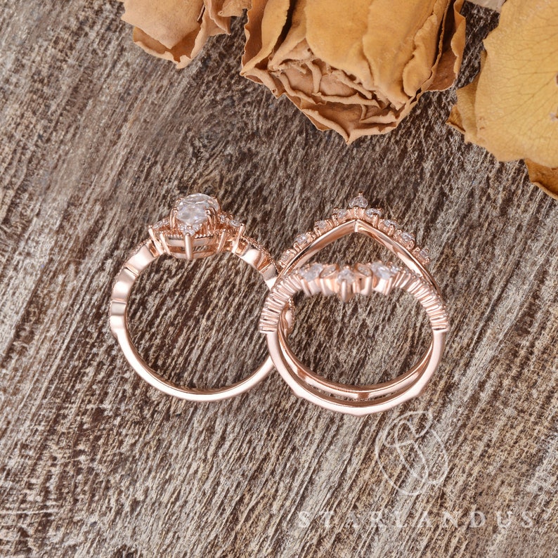 Unique Marquise Shape Moissanite Engagement Ring Set Rose Gold Moissanite Cluster Wedding Ring Cage Ring Vintage Bridal Set Rings For Women immagine 7