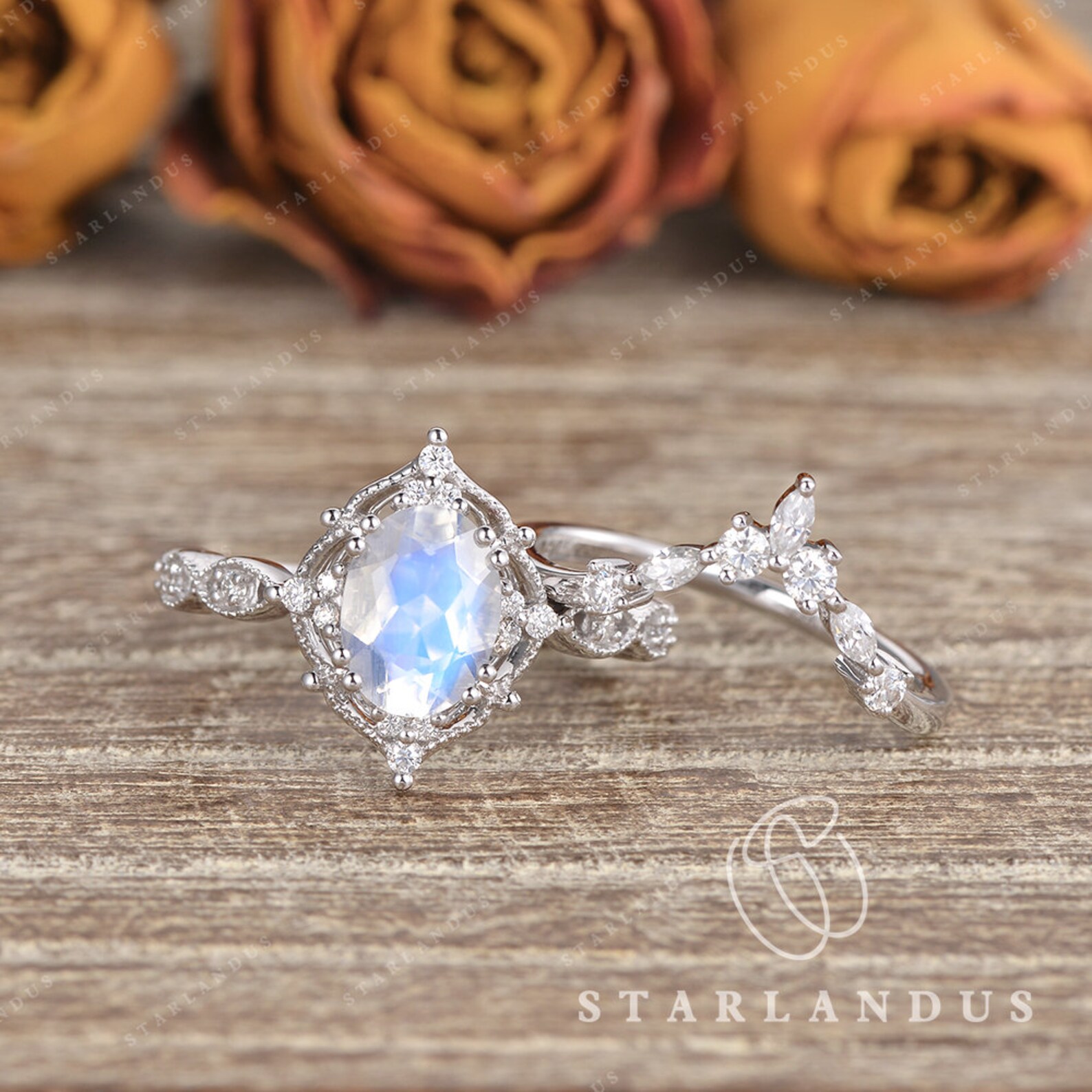 Unique Oval Moonstone Bridal Set 2pcs White Gold Engagement Ring Art