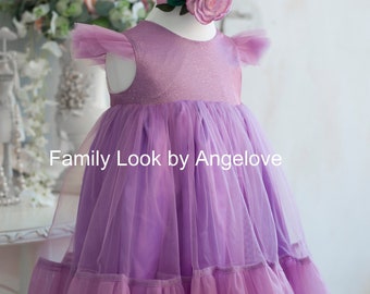 Robe pour tout-petits, tenue fille, robe violette Lurex, bébé babygirl, tutu, chemise d'anniversaire