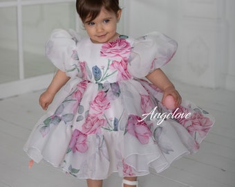 Puffy dress for girl, birthday baby girl dress, organza girl dress, 1st birthday girl gown, puffy sleeve dress