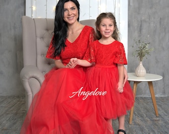 Matching outfits Christmas party Mommy and me - Red Dress Lace -custom size