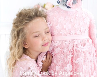 Baby Girl Dress,  Baby Pink Lace, Long Sleeve Gown Tutu First Birthday Dress, Flower Girl Dress, Long Sleeve,  Princess Toddler Dress