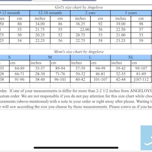 May include: A size chart for girls' and women's clothing, with measurements in inches and centimeters. The chart includes sizes for girls from 6-9 months to 5 years and women's sizes from XS to XL. The chart is titled "Girl's size chart by Angelove" and "Mom's size chart by Angelove".