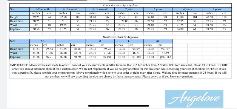 May include: A size chart for girls' and women's clothing, with measurements in inches and centimeters. The chart includes sizes for girls from 6-9 months to 5 years and women's sizes from XS to XL. The chart is titled "Girl's size chart by Angelove" and "Mom's size chart by Angelove".