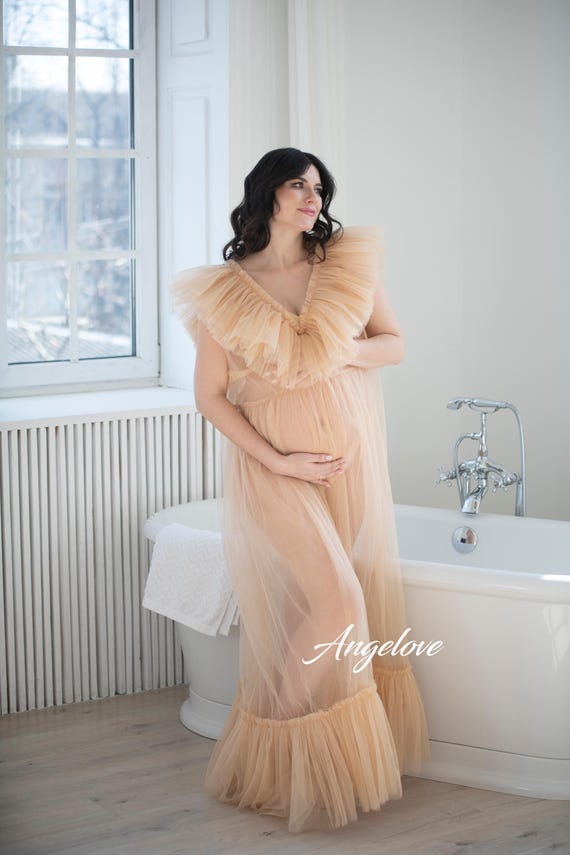 sheer ruffle maternity dress Midiluy Dusty Blue Maternity Dress Tulle Robe Pregnancy Dresses for  Photoshoot Puffy Ruffles Bridal Lingerie Bathgown Sheer Wedding Scarf for  Baby Shower Dusty Blue M at Amazon Women's Clothing store