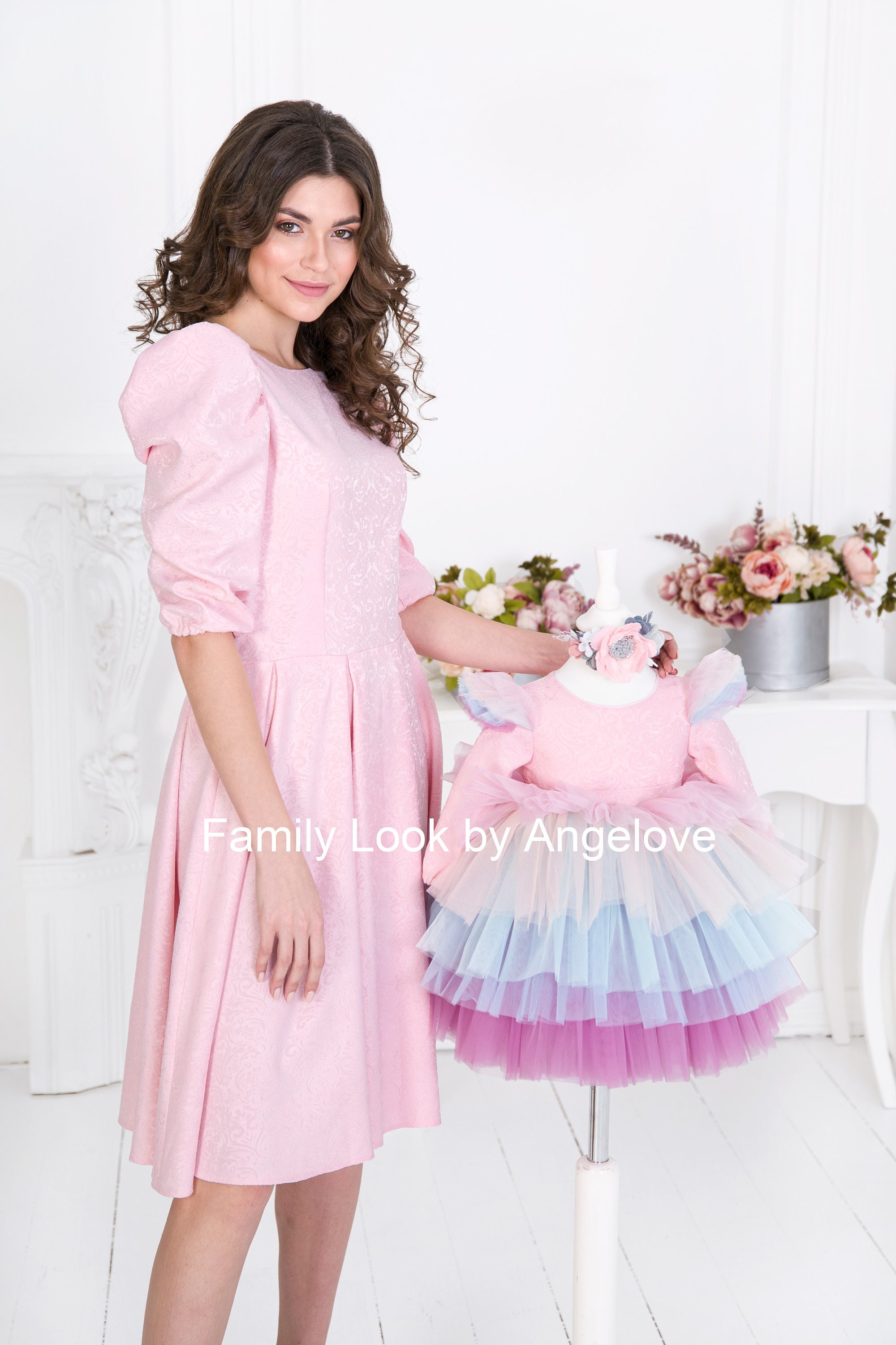 Pink Short Sleeve Tulle Mother and Me Matching Gowns MGD174 main image 1